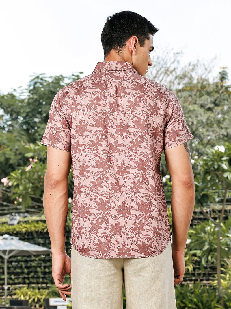 Thomas Scott Men Pink Slim Fit Short Sleeves Spread Collar Floral Print Woven Casual Shirt