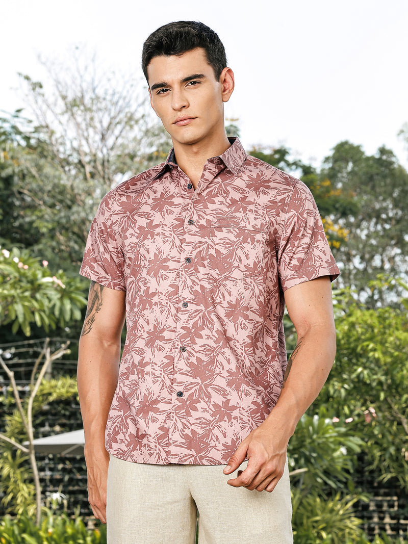 Thomas Scott Men Pink Slim Fit Short Sleeves Spread Collar Floral Print Woven Casual Shirt