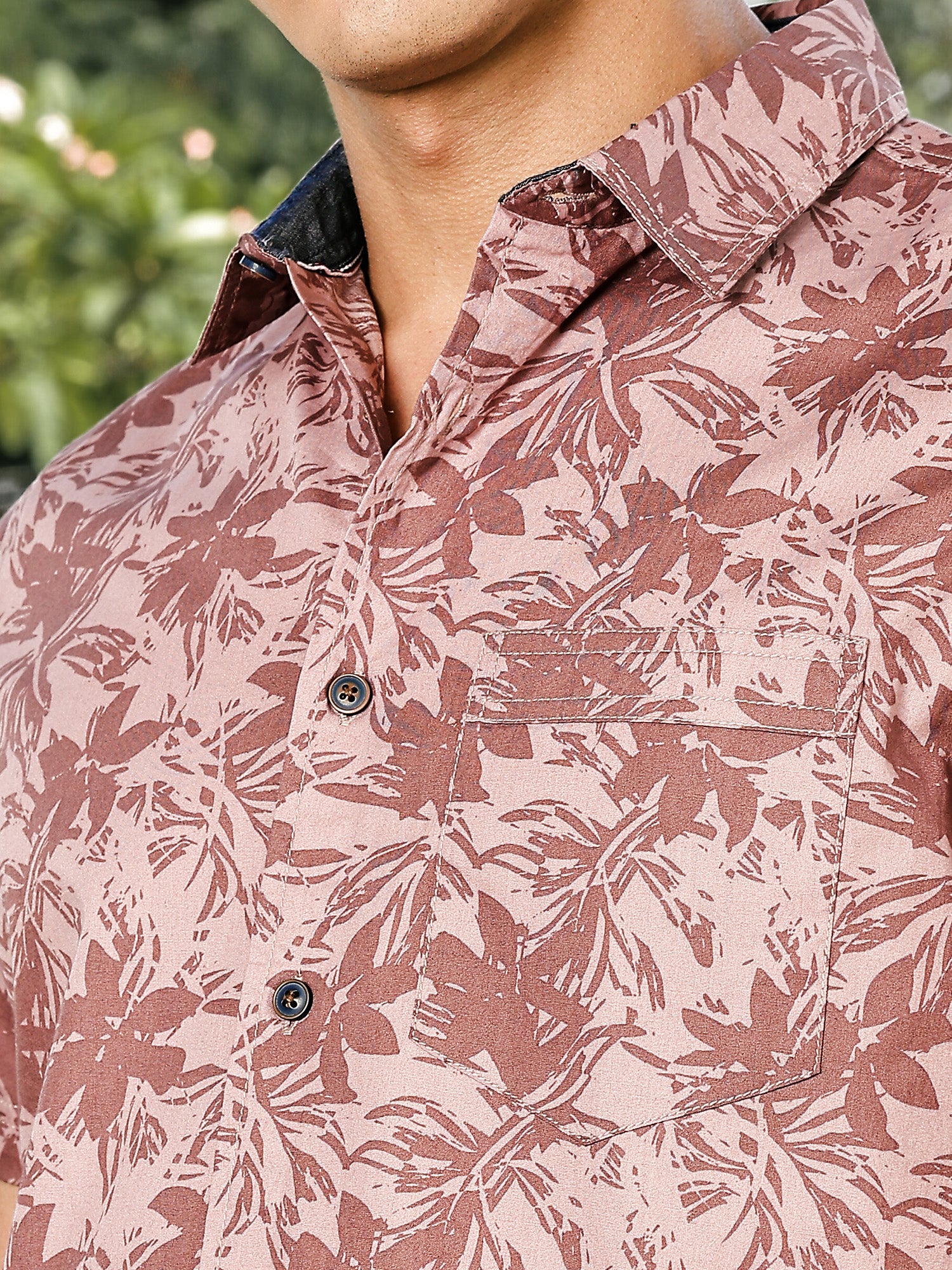 Thomas Scott Men Pink Slim Fit Short Sleeves Spread Collar Floral Print Woven Casual Shirt