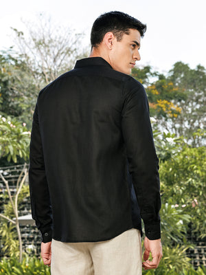 Thomas Scott Men Black Slim Fit Long Sleeves Button-Down Collar Linen Casual Shirt