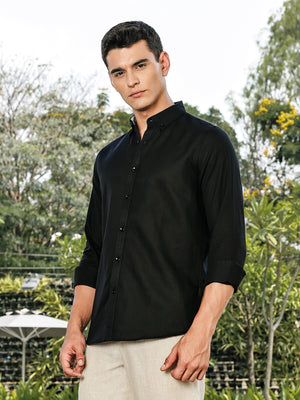 Thomas Scott Men Black Slim Fit Long Sleeves Button-Down Collar Linen Casual Shirt