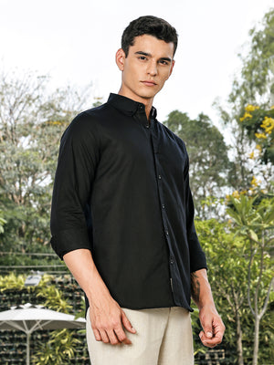 Thomas Scott Men Black Slim Fit Long Sleeves Button-Down Collar Linen Casual Shirt