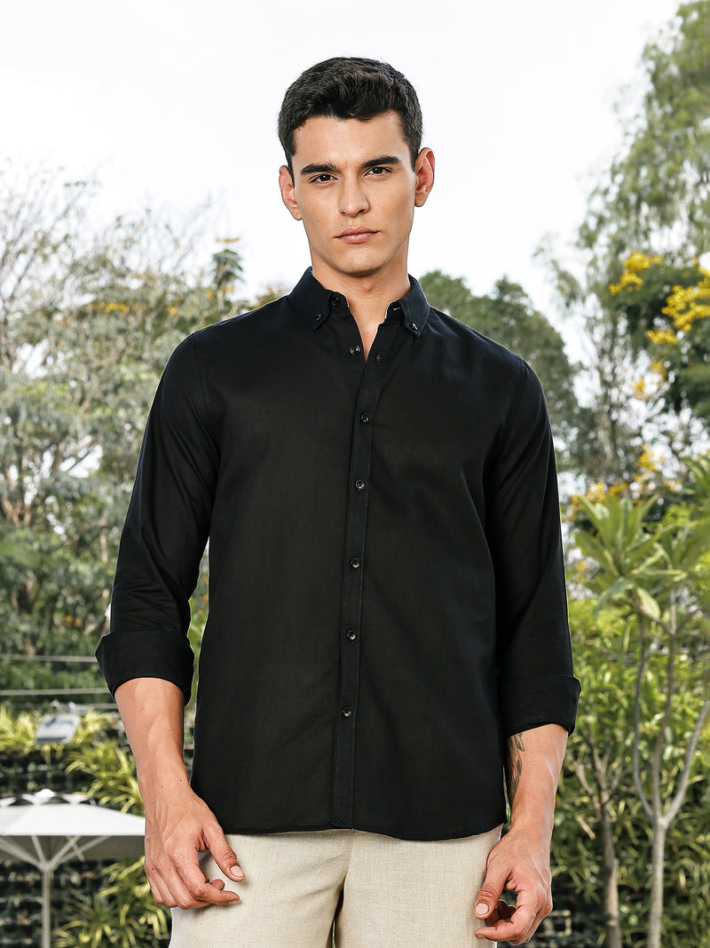 Thomas Scott Men Black Slim Fit Long Sleeves Button-Down Collar Linen Casual Shirt