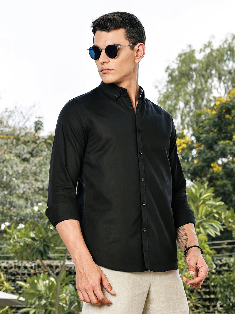 Thomas Scott Men Black Slim Fit Long Sleeves Button-Down Collar Linen Casual Shirt