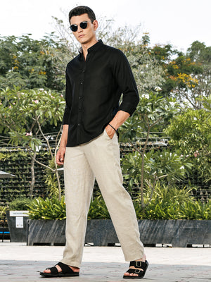 Thomas Scott Men Black Slim Fit Long Sleeves Button-Down Collar Linen Casual Shirt