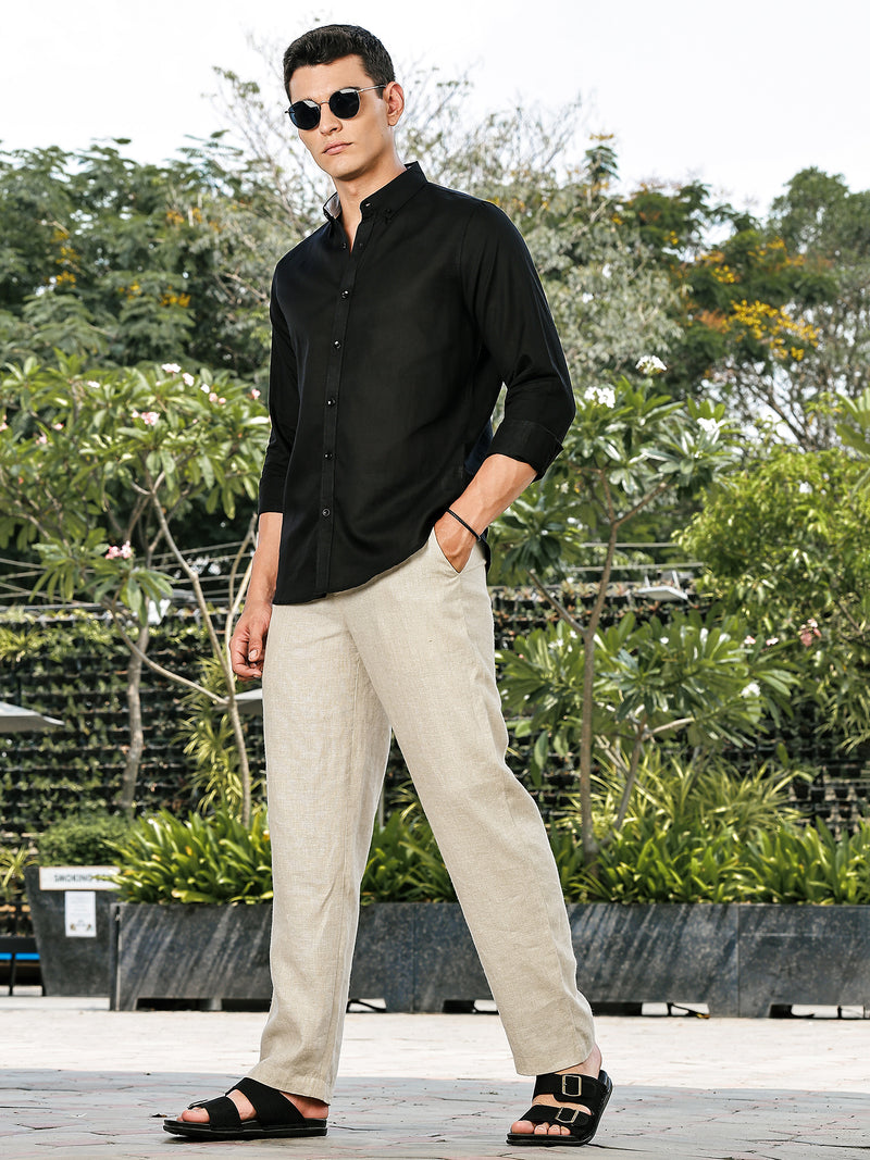Thomas Scott Men Black Slim Fit Long Sleeves Button-Down Collar Linen Casual Shirt
