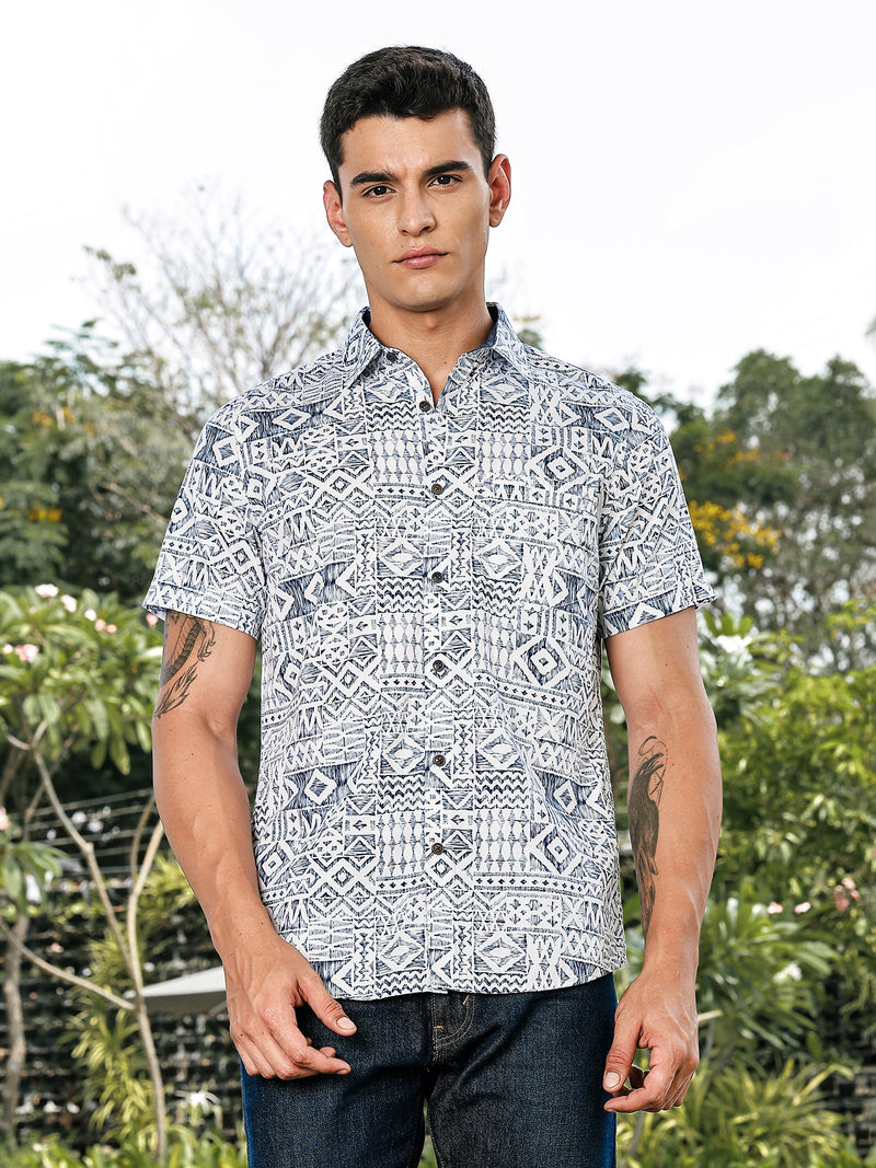Thomas Scott Men Blue Slim Fit Short Sleeves Geometric Print Woven Casual Shirt