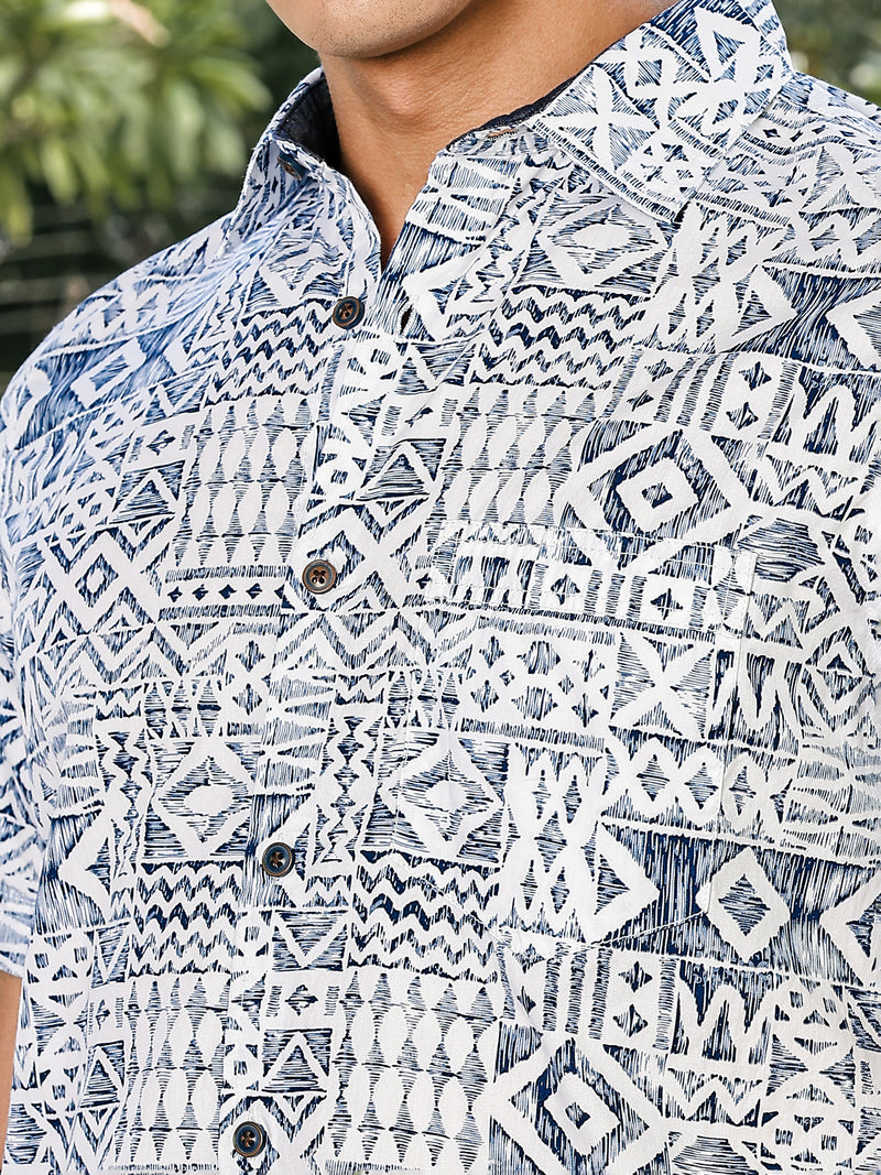Thomas Scott Men Blue Slim Fit Short Sleeves Geometric Print Woven Casual Shirt