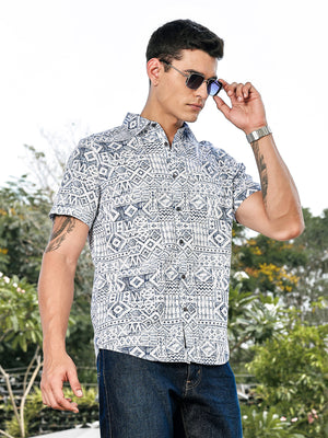 Thomas Scott Men Blue Slim Fit Short Sleeves Geometric Print Woven Casual Shirt