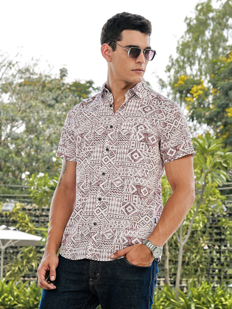 Thomas Scott Men Red Slim Fit Short Sleeves Geometric Print Woven Casual Shirt