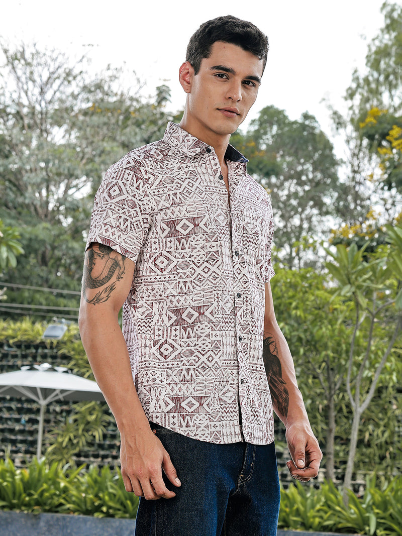 Thomas Scott Men Red Slim Fit Short Sleeves Geometric Print Woven Casual Shirt