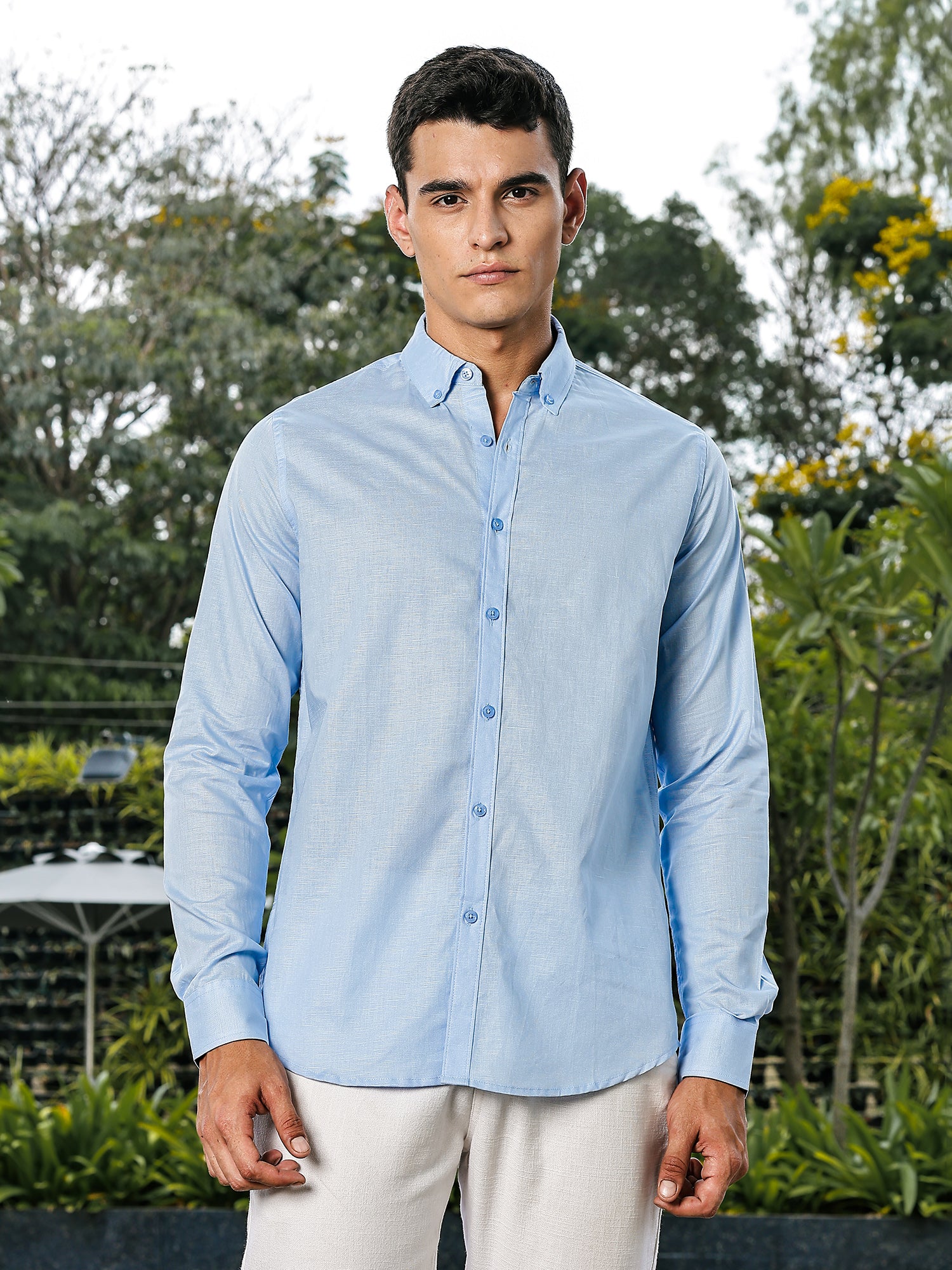 Thomas Scott Men Blue Slim Fit Long Sleeves Button-Down Collar Linen Casual Shirt