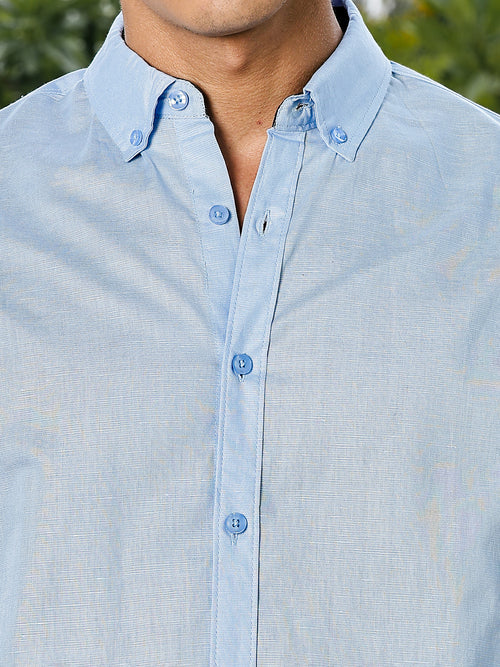 Thomas Scott Men Blue Slim Fit Long Sleeves Button-Down Collar Linen Casual Shirt