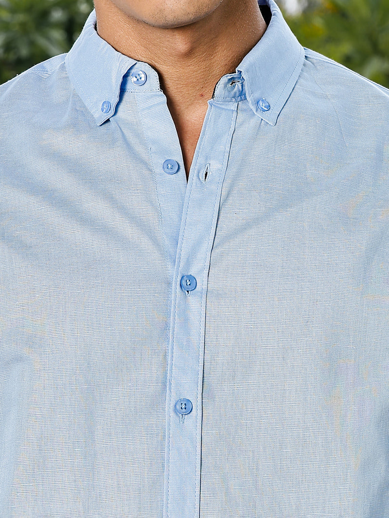 Thomas Scott Men Blue Slim Fit Long Sleeves Button-Down Collar Linen Casual Shirt