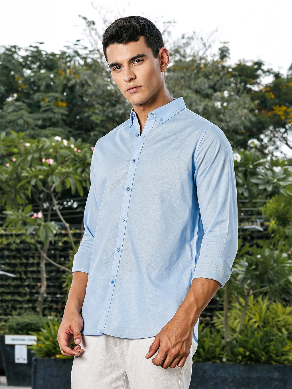 Thomas Scott Men Blue Slim Fit Long Sleeves Button-Down Collar Linen Casual Shirt