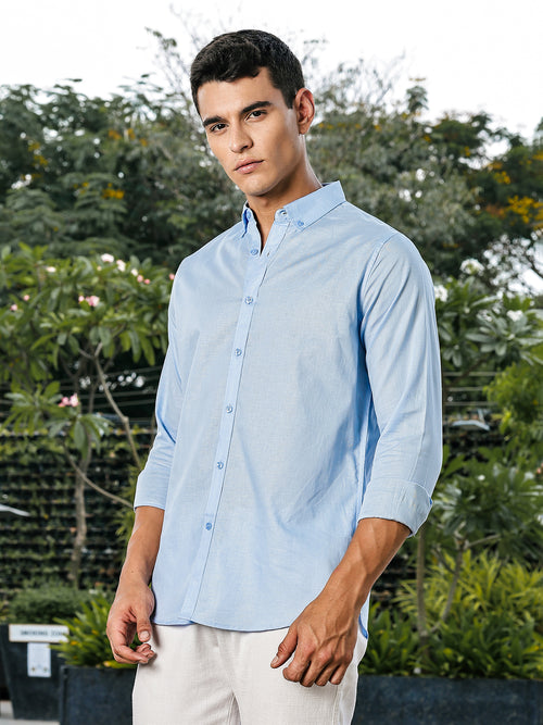 Thomas Scott Men Blue Slim Fit Long Sleeves Button-Down Collar Linen Casual Shirt