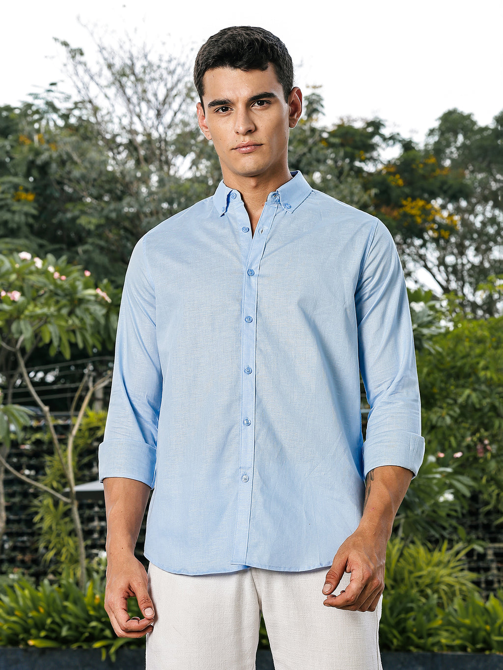 Thomas Scott Men Blue Slim Fit Long Sleeves Button-Down Collar Linen Casual Shirt