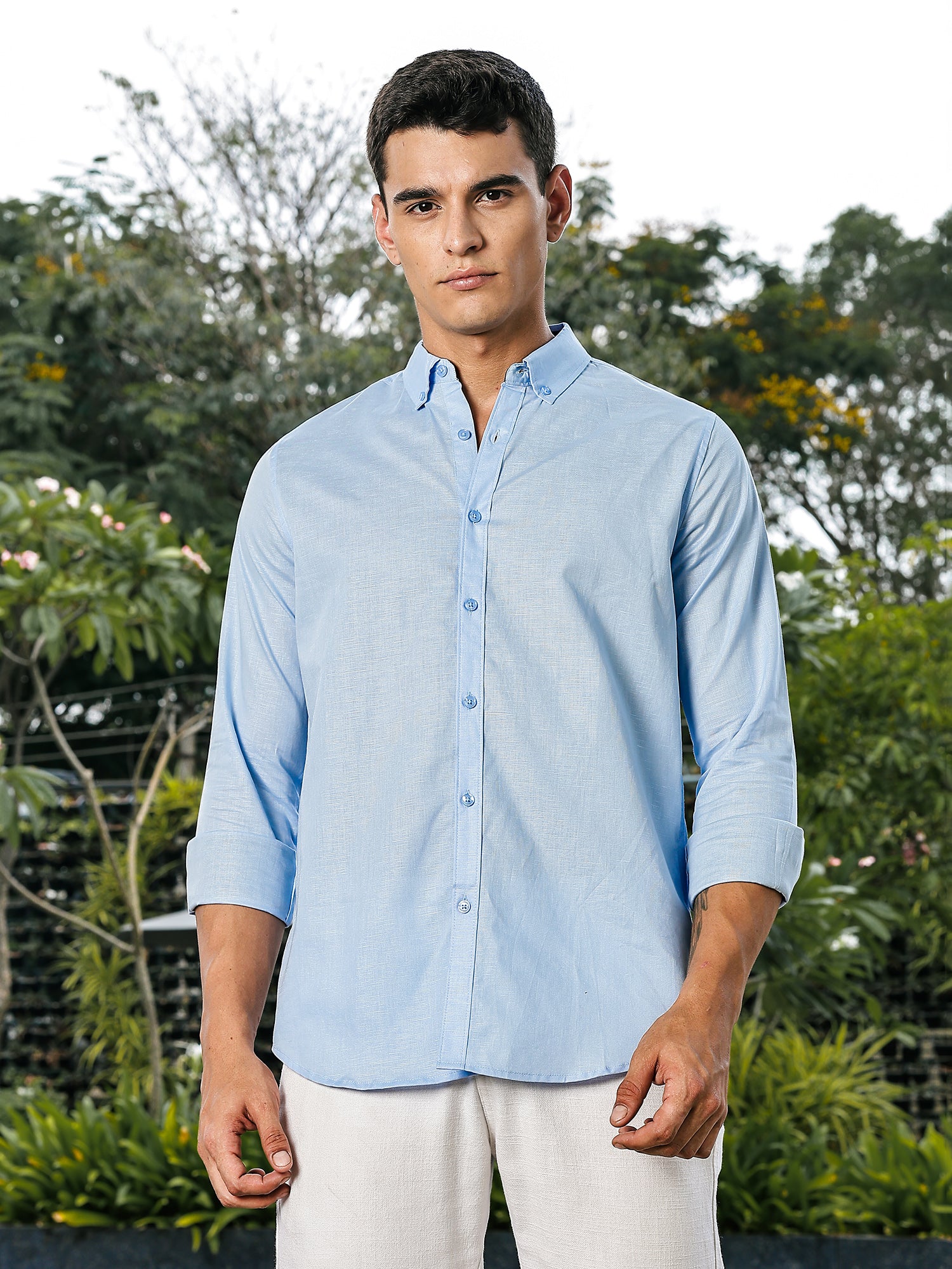 Thomas Scott Men Blue Slim Fit Long Sleeves Button-Down Collar Linen Casual Shirt