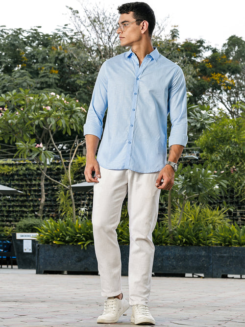Thomas Scott Men Blue Slim Fit Long Sleeves Button-Down Collar Linen Casual Shirt