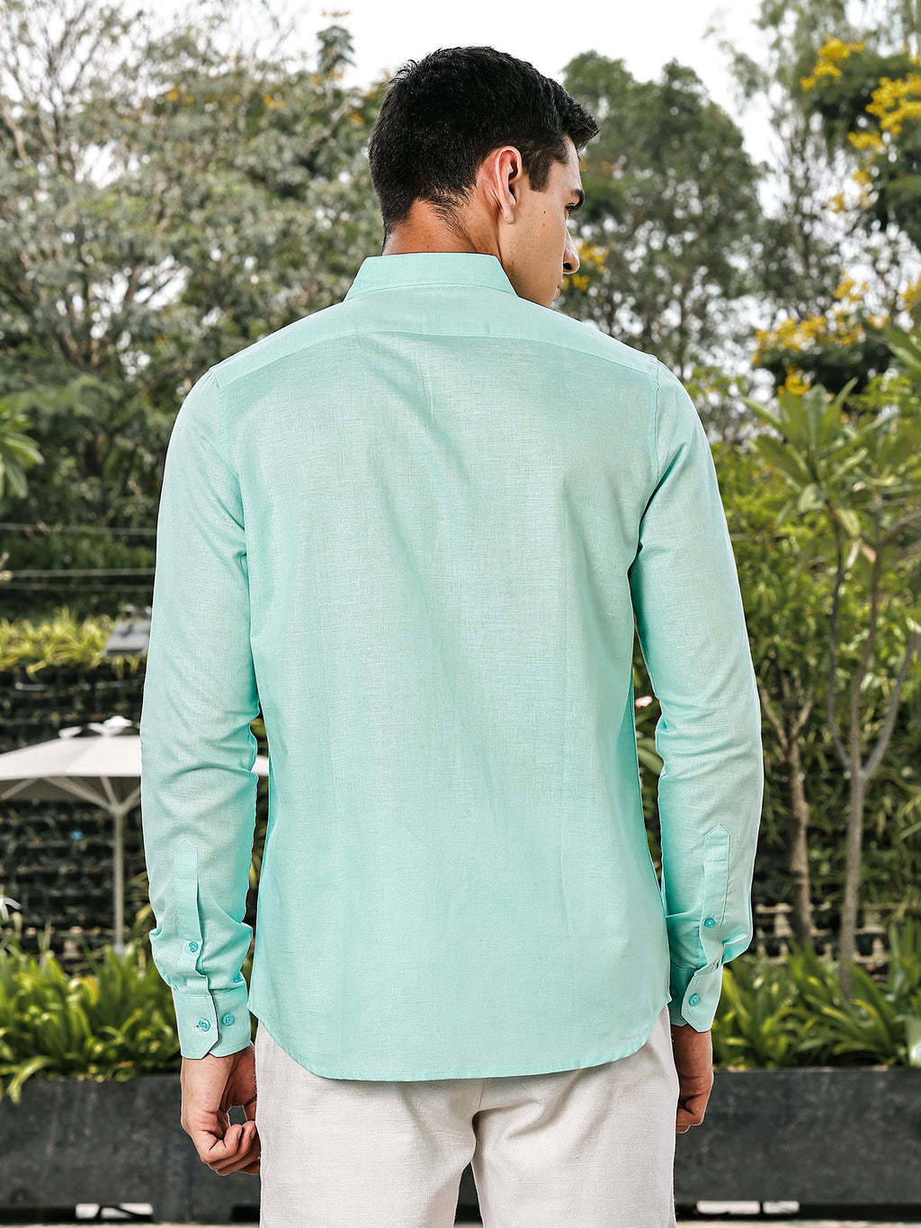 Thomas Scott Men Sea Green Slim Fit Long Sleeves Button-Down Collar Linen Casual Shirt
