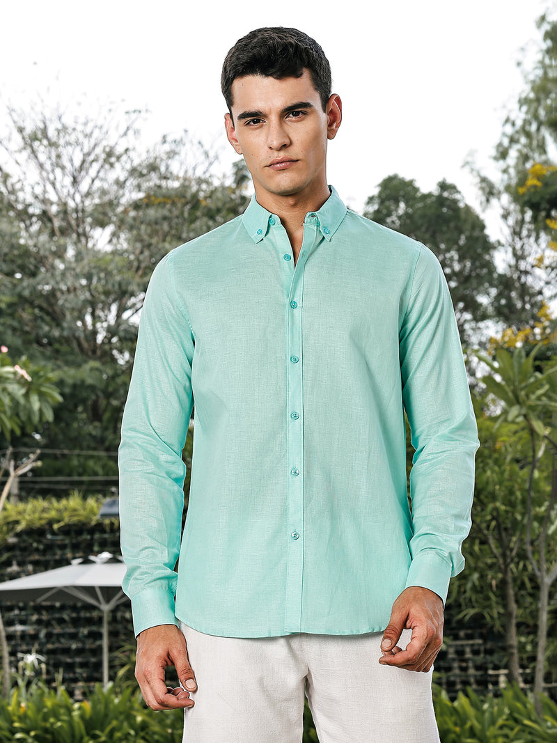 Thomas Scott Men Sea Green Slim Fit Long Sleeves Button-Down Collar Linen Casual Shirt