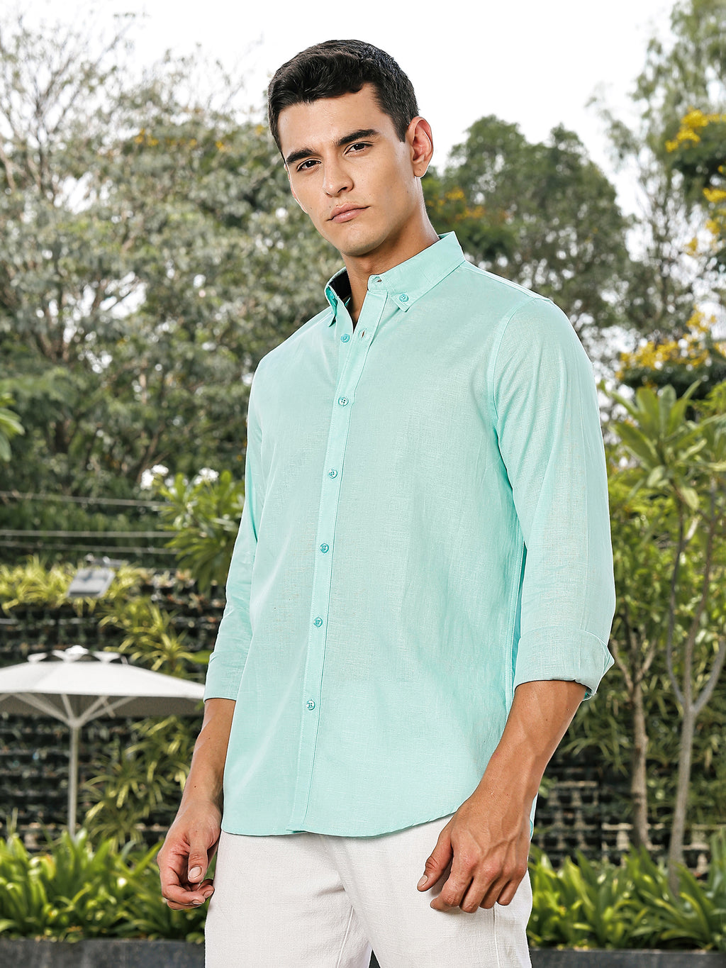 Thomas Scott Men Sea Green Slim Fit Long Sleeves Button-Down Collar Linen Casual Shirt