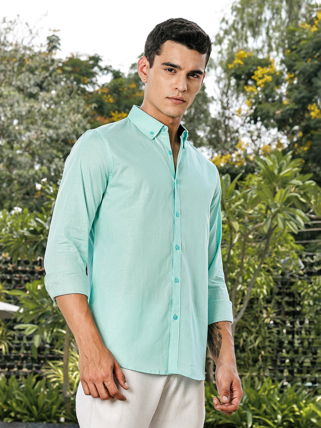 Thomas Scott Men Sea Green Slim Fit Long Sleeves Button-Down Collar Linen Casual Shirt