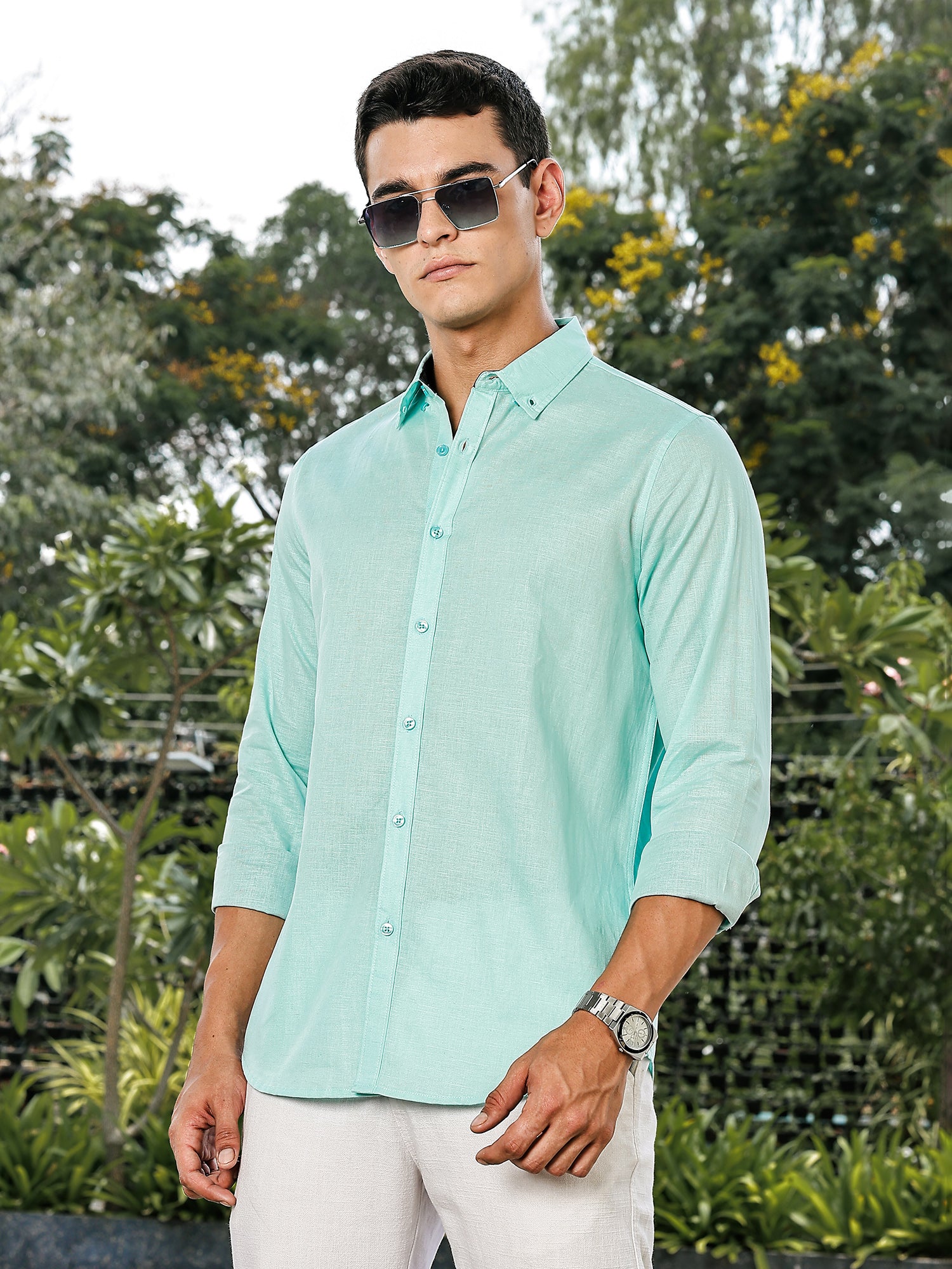 Thomas Scott Men Sea Green Slim Fit Long Sleeves Button-Down Collar Linen Casual Shirt