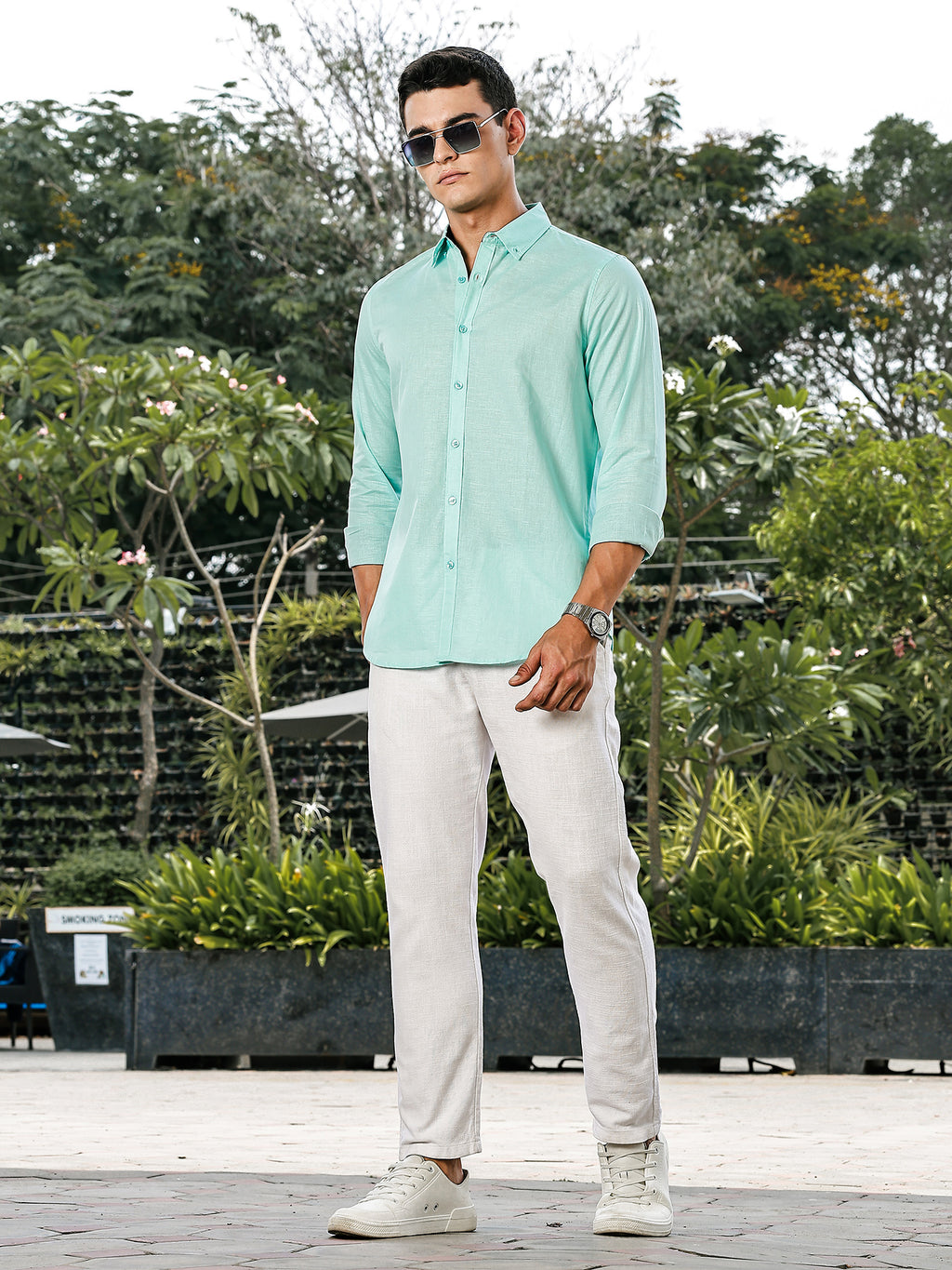 Thomas Scott Men Sea Green Slim Fit Long Sleeves Button-Down Collar Linen Casual Shirt