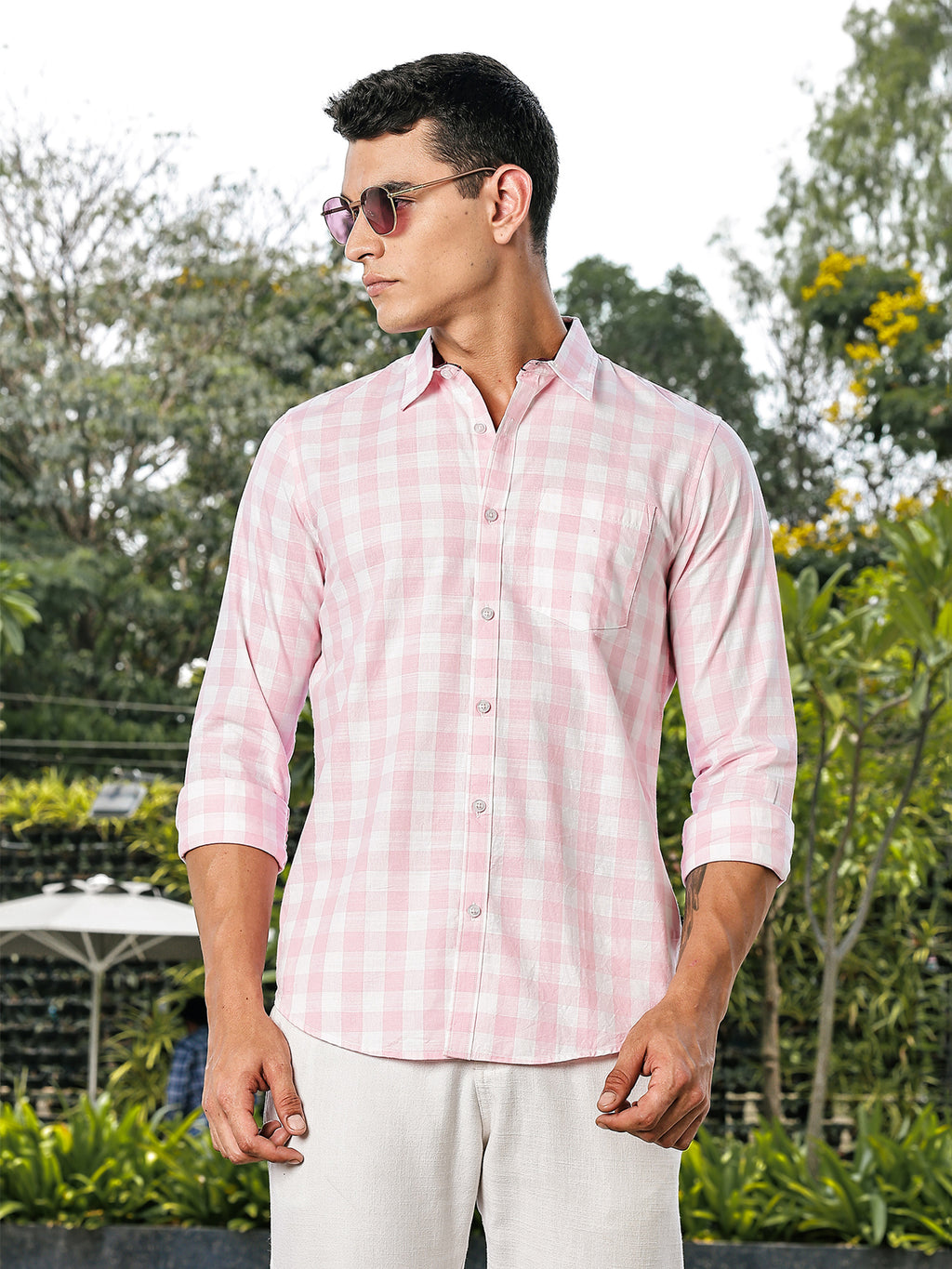 Thomas Scott Men Pink Slim Fit Long Sleeves Tartan Checks Casual Shirt