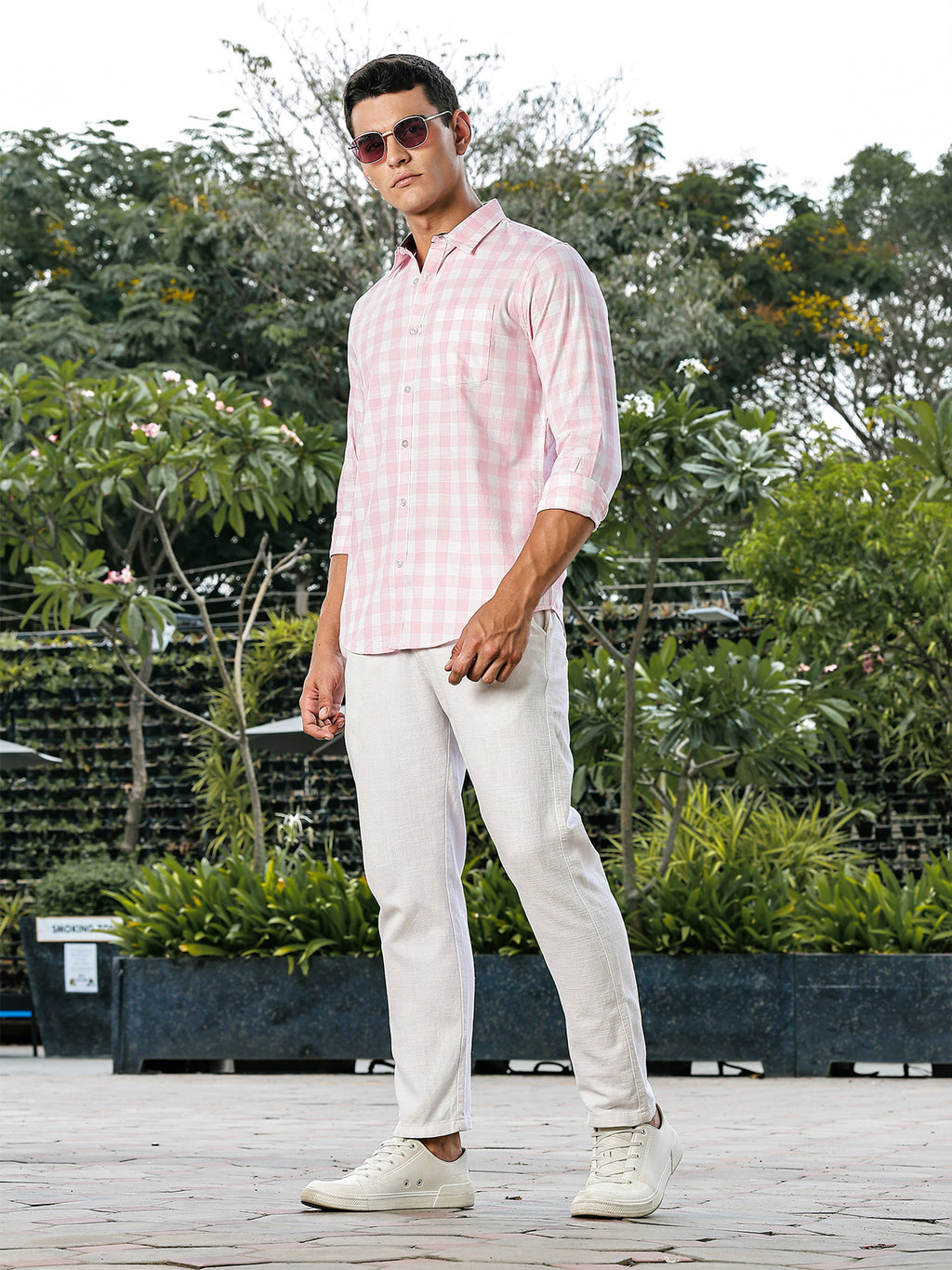Thomas Scott Men Pink Slim Fit Long Sleeves Tartan Checks Casual Shirt