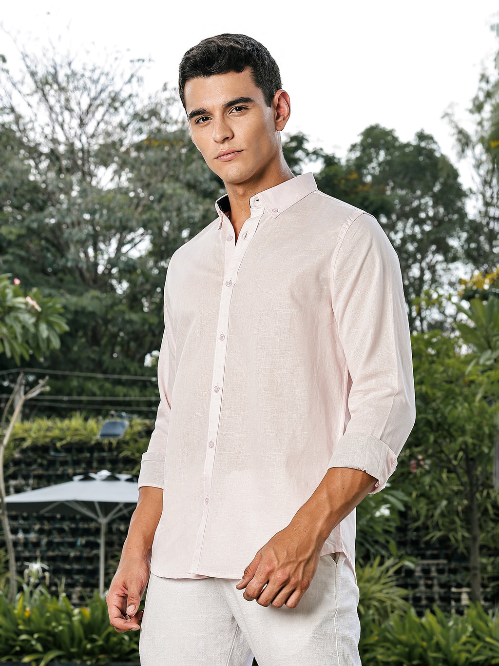 Thomas Scott Men Pink Slim Fit Long Sleeves Button-Down Collar Linen Casual Shirt