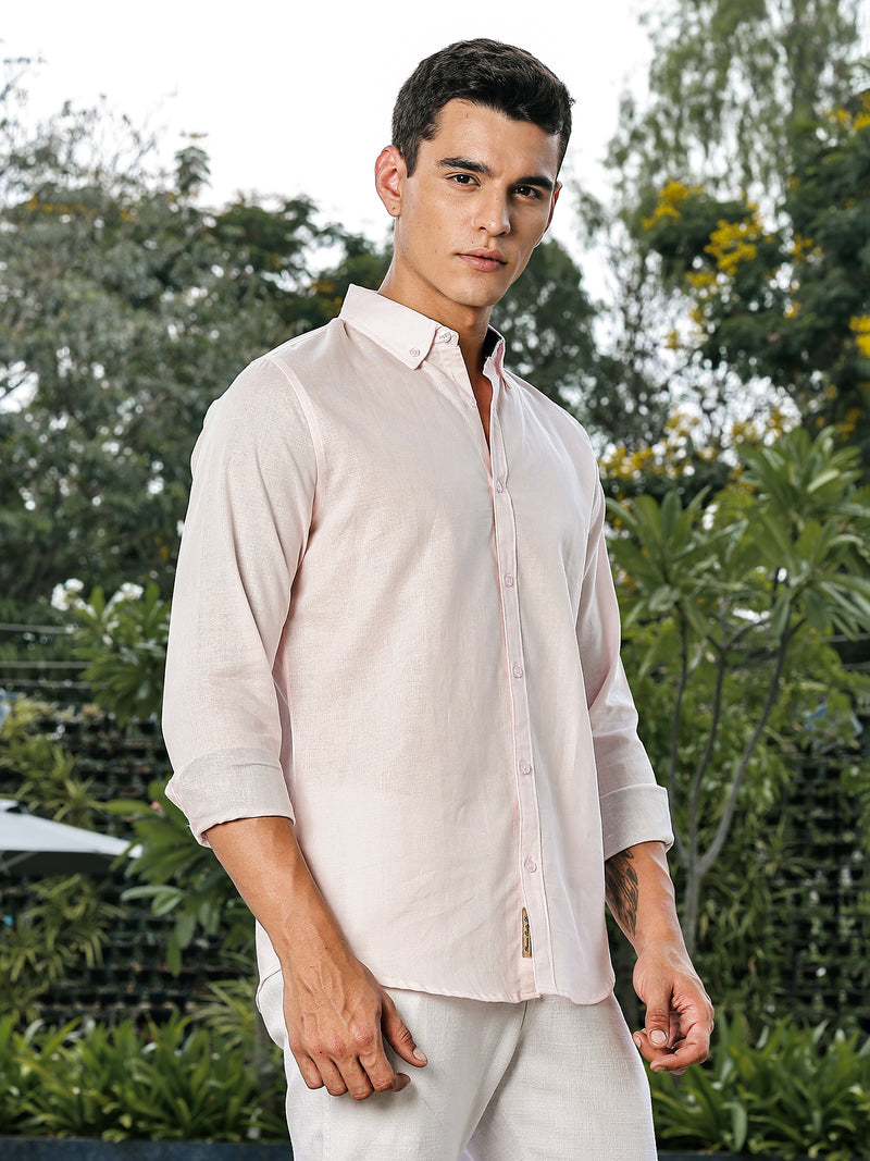 Thomas Scott Men Pink Slim Fit Long Sleeves Button-Down Collar Linen Casual Shirt