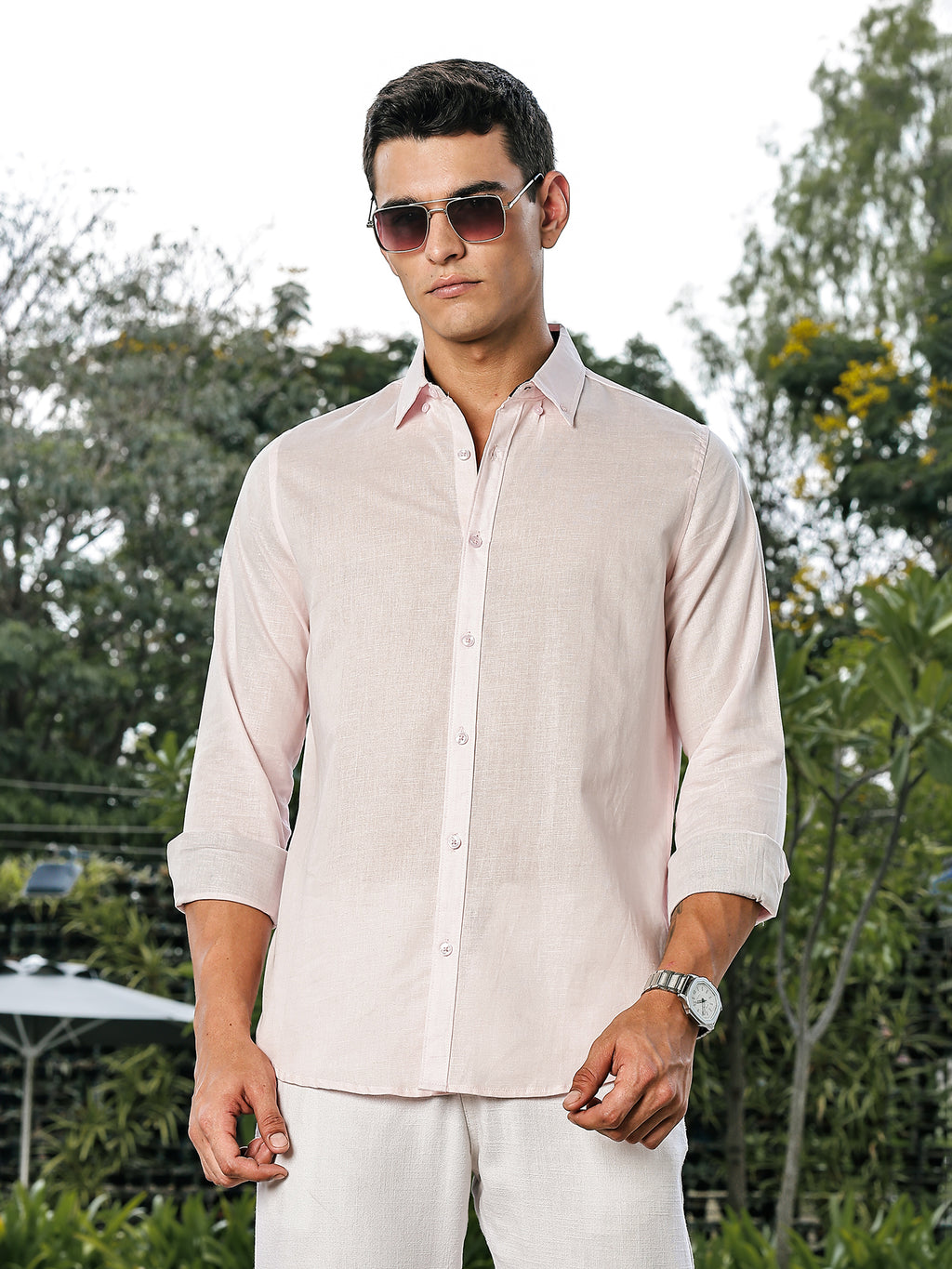 Thomas Scott Men Pink Slim Fit Long Sleeves Button-Down Collar Linen Casual Shirt