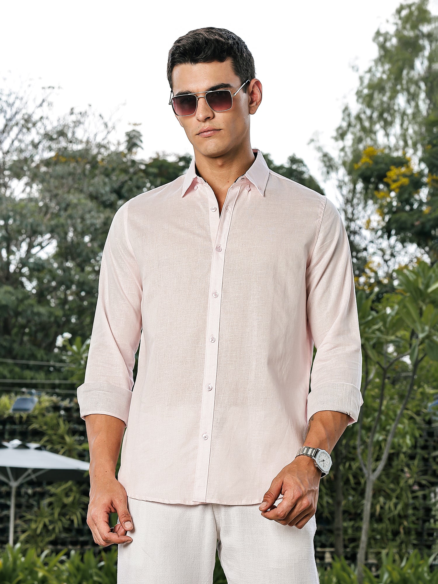 Thomas Scott Men Pink Slim Fit Long Sleeves Button-Down Collar Linen Casual Shirt