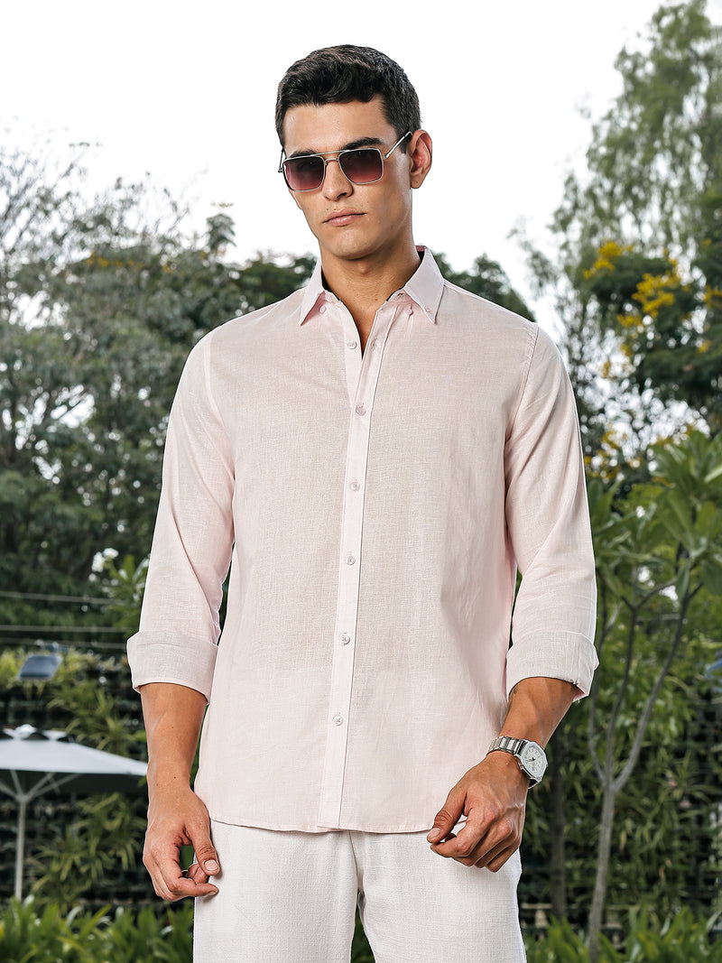 Thomas Scott Men Pink Slim Fit Long Sleeves Button-Down Collar Linen Casual Shirt