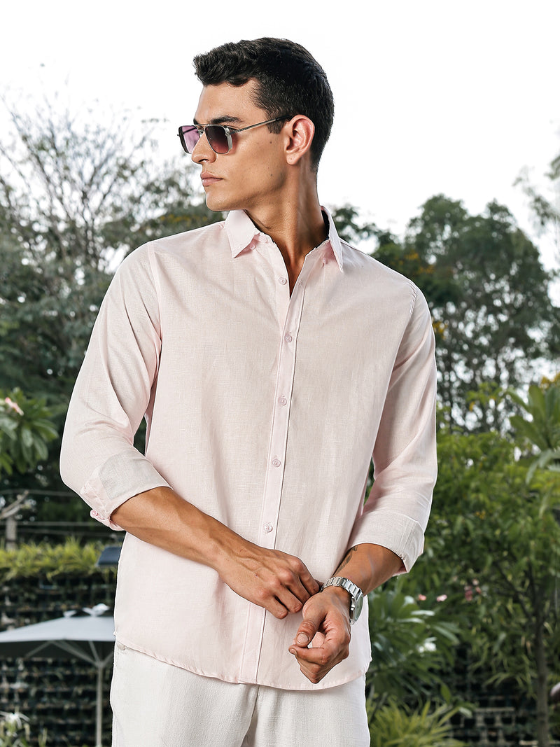 Thomas Scott Men Pink Slim Fit Long Sleeves Button-Down Collar Linen Casual Shirt