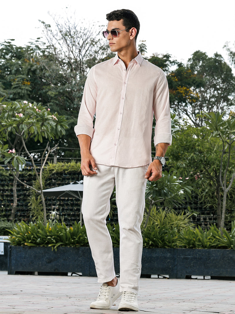 Thomas Scott Men Pink Slim Fit Long Sleeves Button-Down Collar Linen Casual Shirt