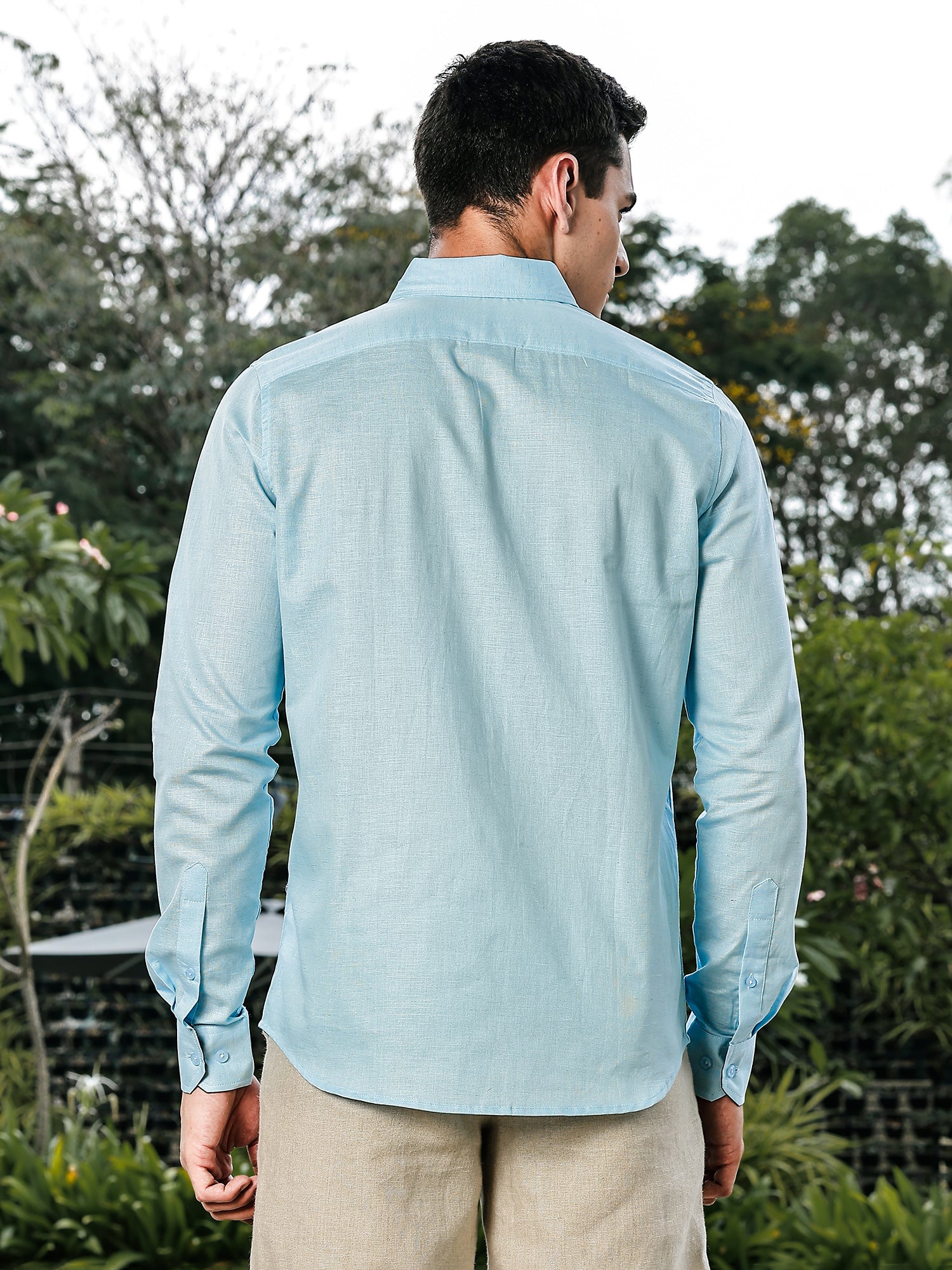 Thomas Scott Men Sky Blue Slim Fit Long Sleeves Button-Down Collar Linen Casual Shirt
