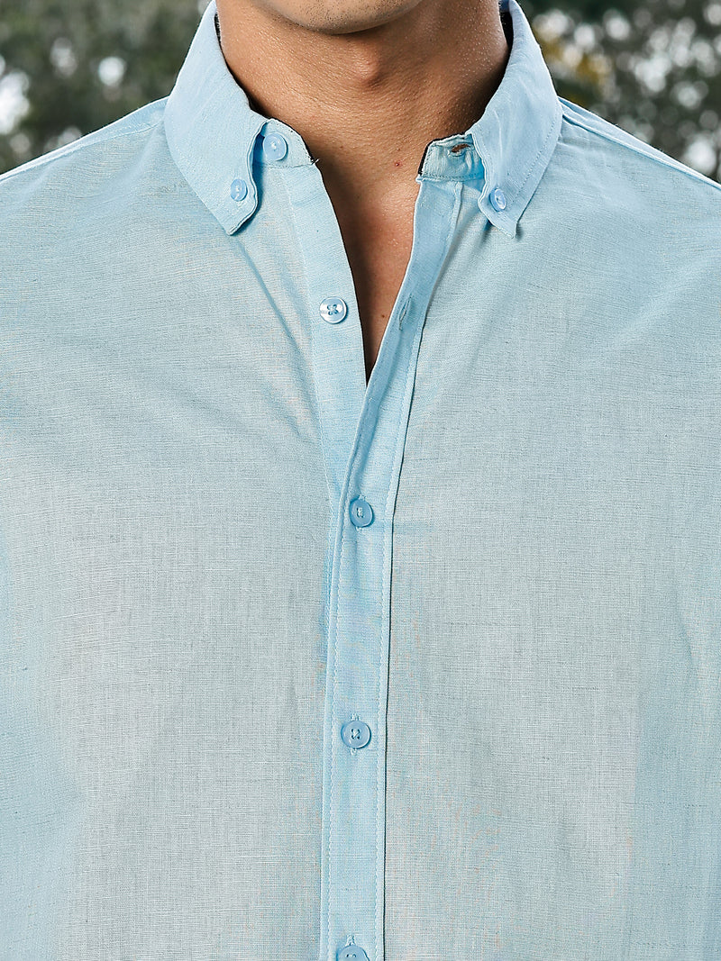 Thomas Scott Men Sky Blue Slim Fit Long Sleeves Button-Down Collar Linen Casual Shirt