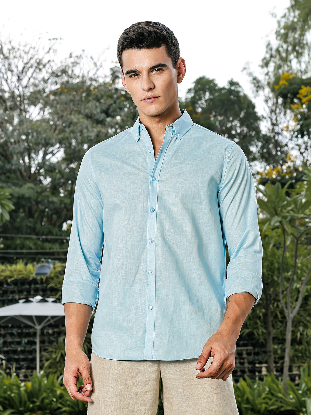 Thomas Scott Men Sky Blue Slim Fit Long Sleeves Button-Down Collar Linen Casual Shirt