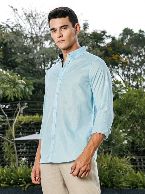 Thomas Scott Men Sky Blue Slim Fit Long Sleeves Button-Down Collar Linen Casual Shirt