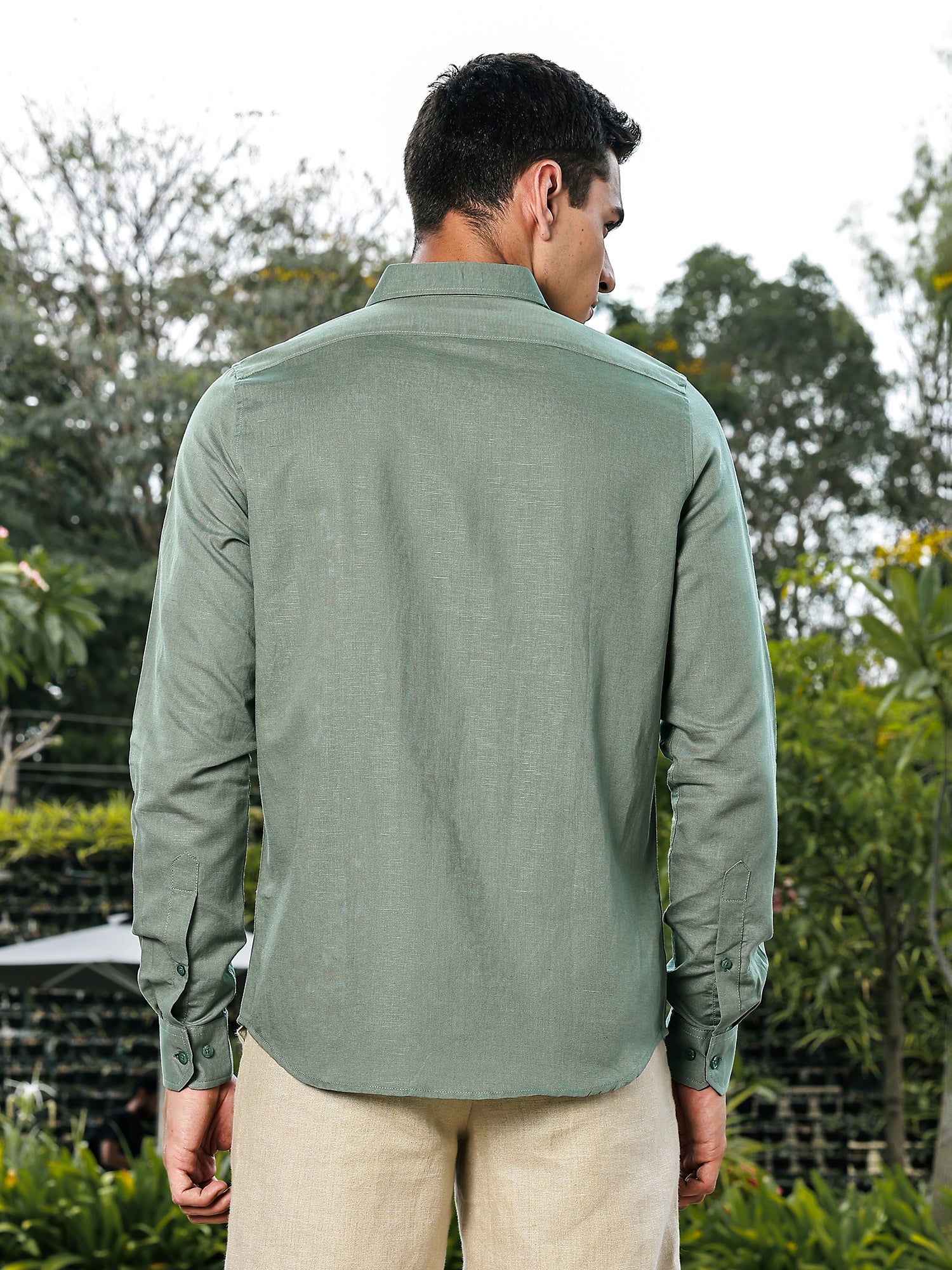 Thomas Scott Men Green Slim Fit Long Sleeves Button-Down Collar Linen Casual Shirt