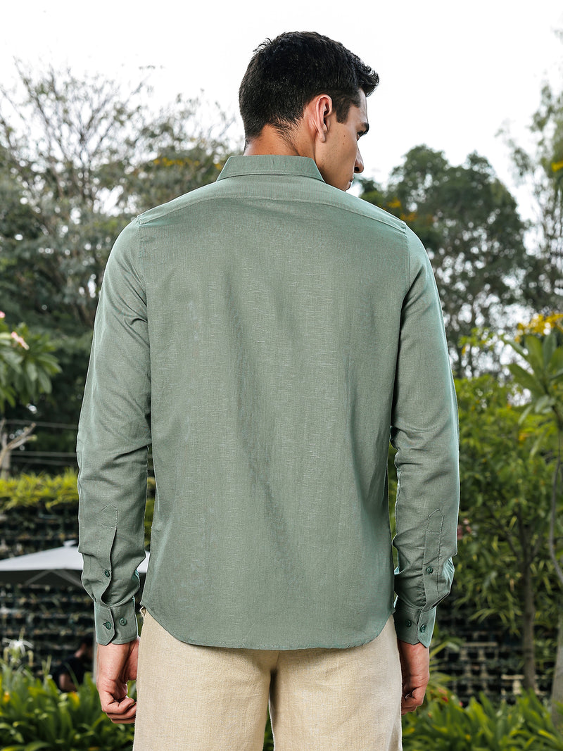 Thomas Scott Men Green Slim Fit Long Sleeves Button-Down Collar Linen Casual Shirt