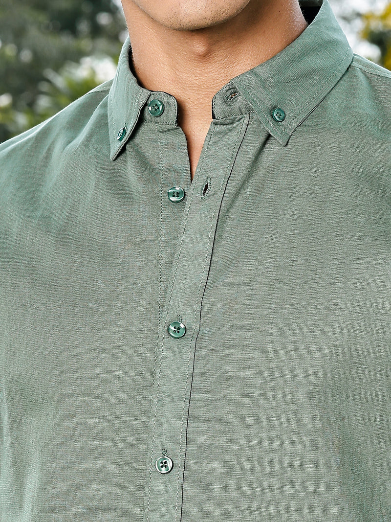 Thomas Scott Men Green Slim Fit Long Sleeves Button-Down Collar Linen Casual Shirt