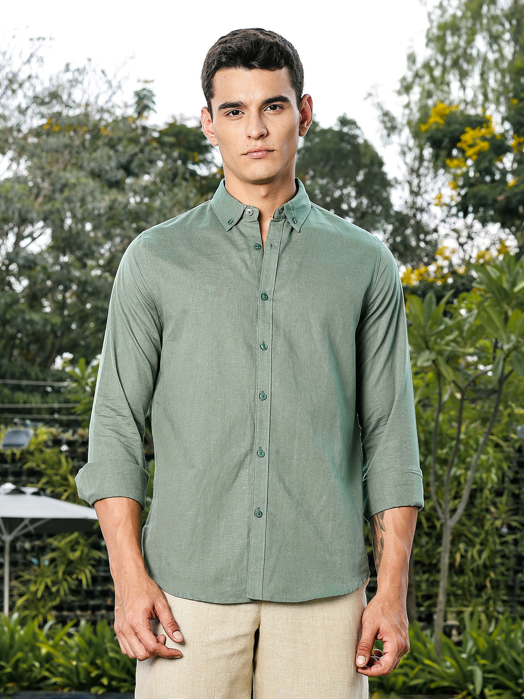 Thomas Scott Men Green Slim Fit Long Sleeves Button-Down Collar Linen Casual Shirt