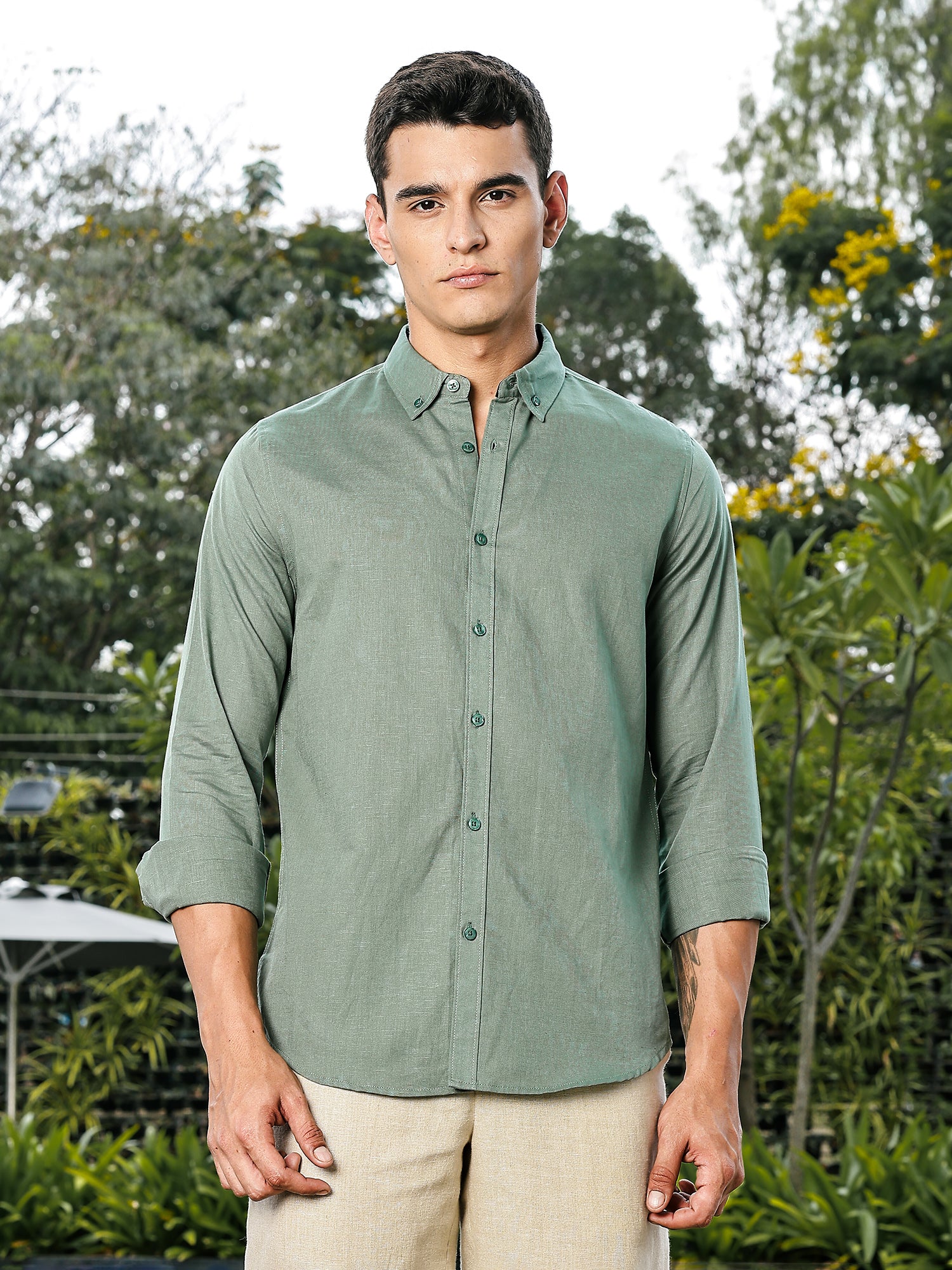 Thomas Scott Men Green Slim Fit Long Sleeves Button-Down Collar Linen Casual Shirt