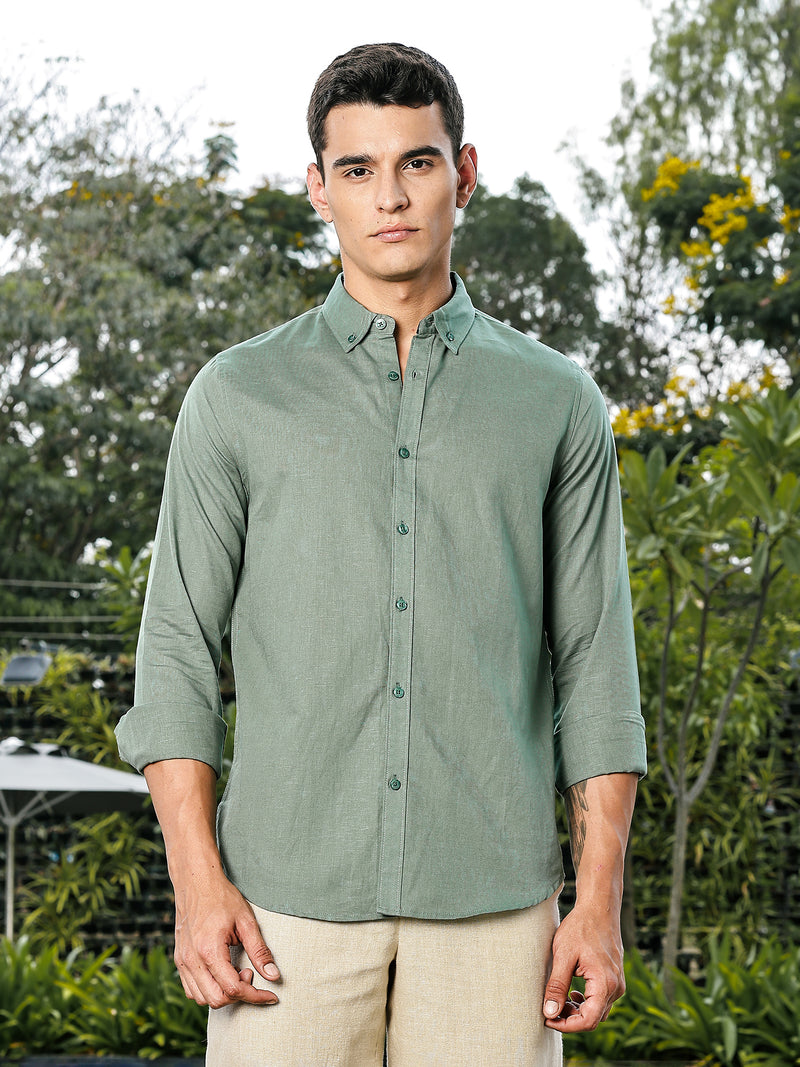 Thomas Scott Men Green Slim Fit Long Sleeves Button-Down Collar Linen Casual Shirt