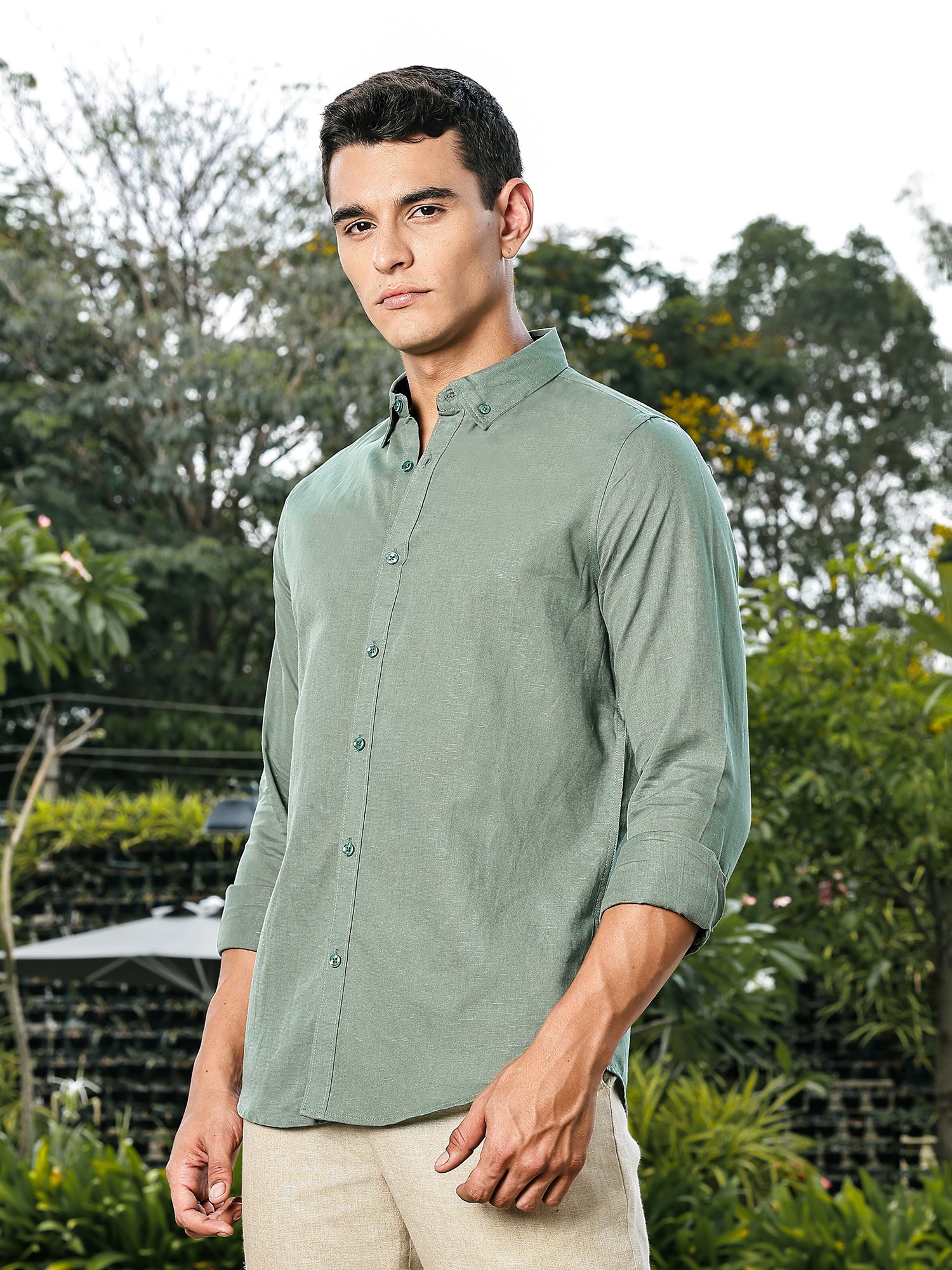 Thomas Scott Men Green Slim Fit Long Sleeves Button-Down Collar Linen Casual Shirt