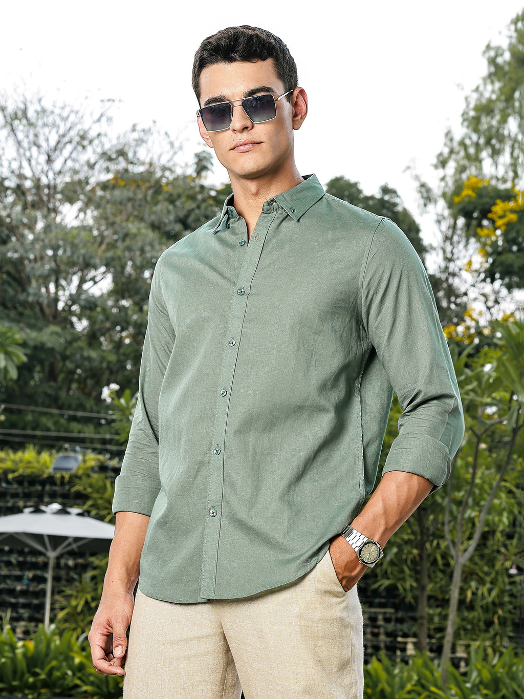 Thomas Scott Men Green Slim Fit Long Sleeves Button-Down Collar Linen Casual Shirt